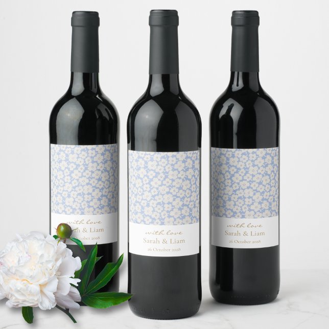 Chic Floral Love Blue Floral Gift Favor Wine Label (Creator Uploaded)