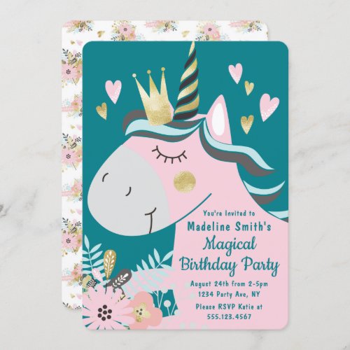 Chic Floral Magical Unicorn Girls Birthday Party Invitation