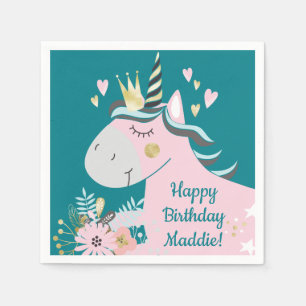 Chic Floral Magical Unicorn Girl's Birthday Party Napkins