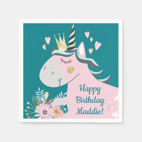 Chic Floral Magical Unicorn Girls Birthday Party Napkins