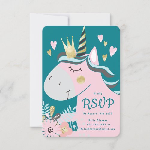 Chic Floral Magical Unicorn Girls Birthday Party RSVP Card