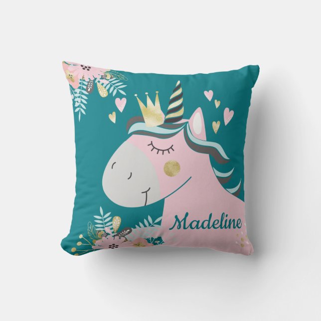 Chic Floral Magical Unicorn Girl's Personalized Throw Pillow (Front)