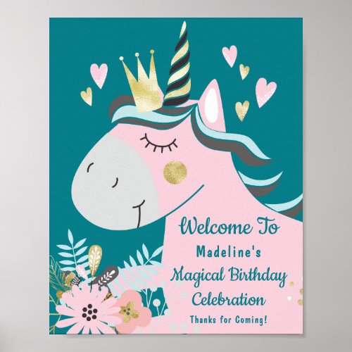Chic Floral Magical Unicorn Girly Birthday Welcome Poster