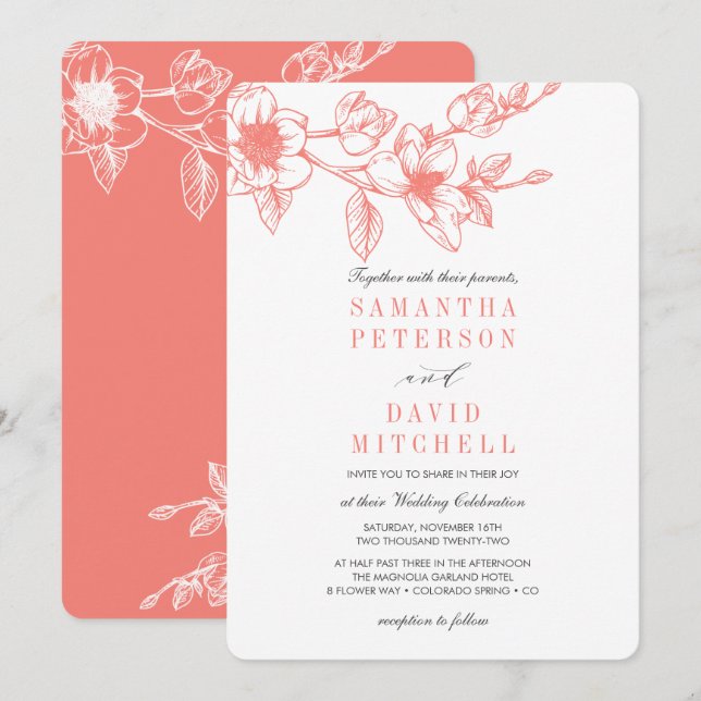 Chic Floral Magnolia Branch | Coral | Wedding Invitation (Front/Back)