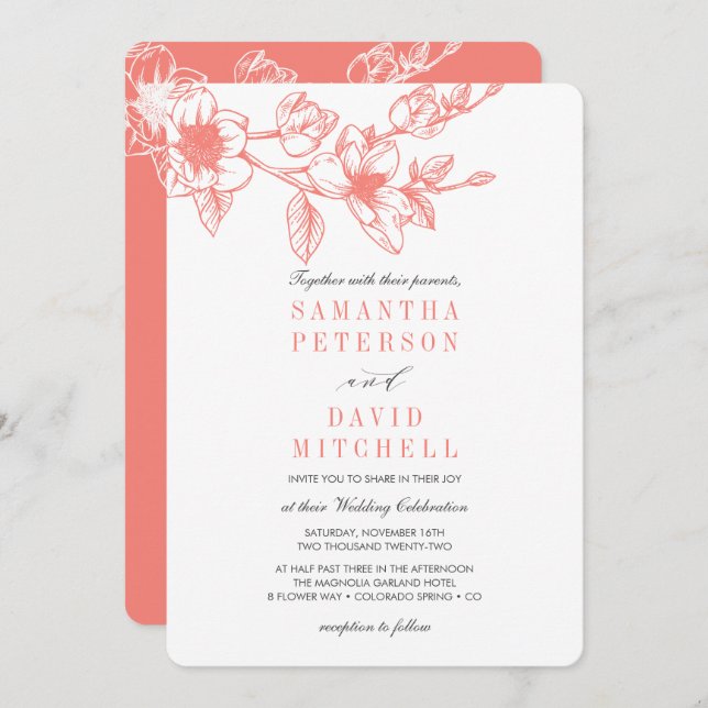 Chic Floral Magnolia Branch | Coral | Wedding Invitation (Front/Back)