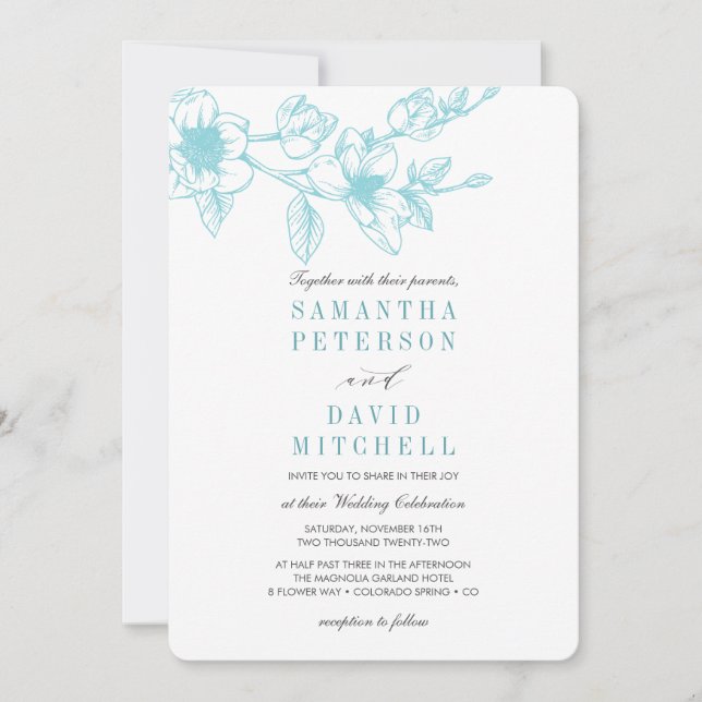 Chic Floral Magnolia Branch | Pale Blue | Wedding Invitation (Front)