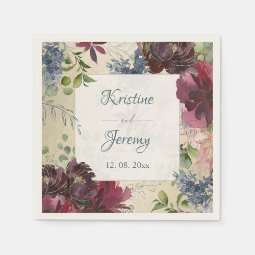 Chic Floral Marsala Rose Watercolor Gold Wedding Napkins