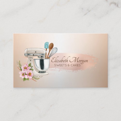 Chic Floral Mixer Rose Gold Brush StrokeBakery Business Card