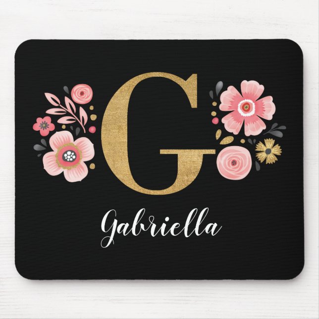 Chic Floral Monogram Initial Black Gold Letter G Mouse Pad (Front)