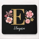 Chic Floral Monogram Initial Pink Gold Letter E Mouse Pad<br><div class="desc">A beautiful, feminine monogrammed pink floral mouse pad, featuring pink flowers and a faux gold monogram letter E on a black background. Personalize the mouse pad by adding your name underneath the monogram. Makes a fun gift for a friend or for a bridesmaid gift. Designed for you by Blackberry Boulevard....</div>
