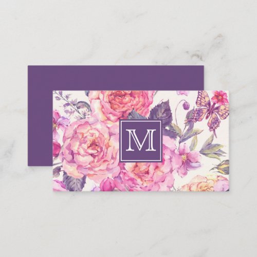 Chic Floral Monogram  Purple Butterfly Business Card