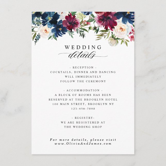 Chic Floral Navy Blue Burgundy Red Wedding Details Enclosure Card (Front)