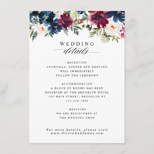Chic Floral Navy Blue Burgundy Red Wedding Details Enclosure Card