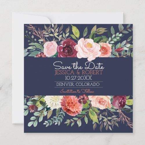 Chic Floral Navy Blue Save the Date Card