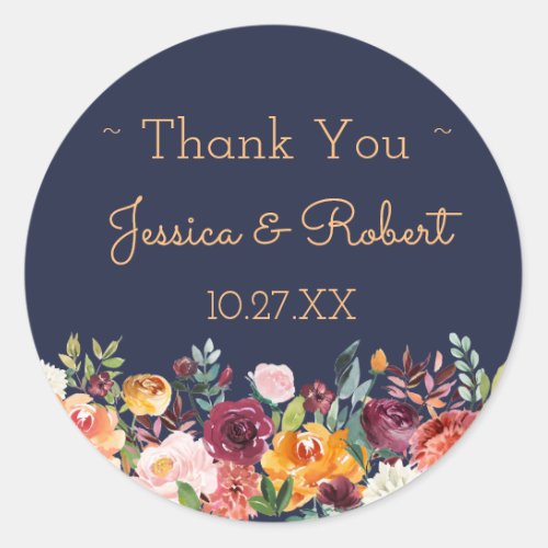 Chic Floral Navy Blue Thank You Favor Sticker