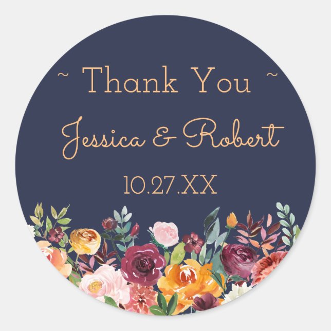 Chic Floral Navy Blue Thank You Favor Sticker (Front)