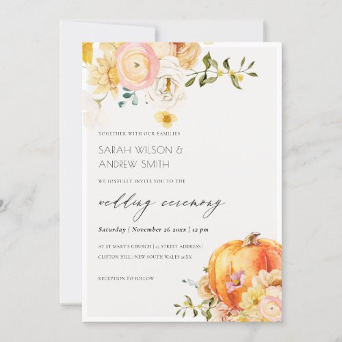 Chic Floral Orange Autumn Pumpkin Wedding Invite