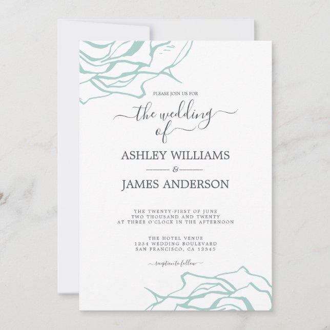 Chic Floral Outline Blue Rose Wedding Invitation (Front)