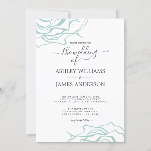 Chic Floral Outline Blue Rose Wedding Invitation