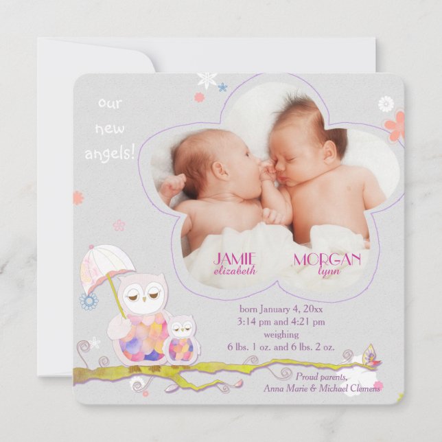 Chic Floral Owls Twins Photo Birth Announcement (Front)