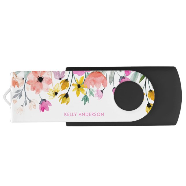 Chic Floral Pattern Botanical Trendy Flash Drive (Back)