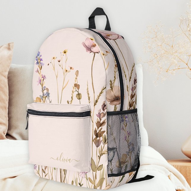 Chic Floral Pattern Custom Gold Name Wildflower Printed Backpack (Creator Uploaded)