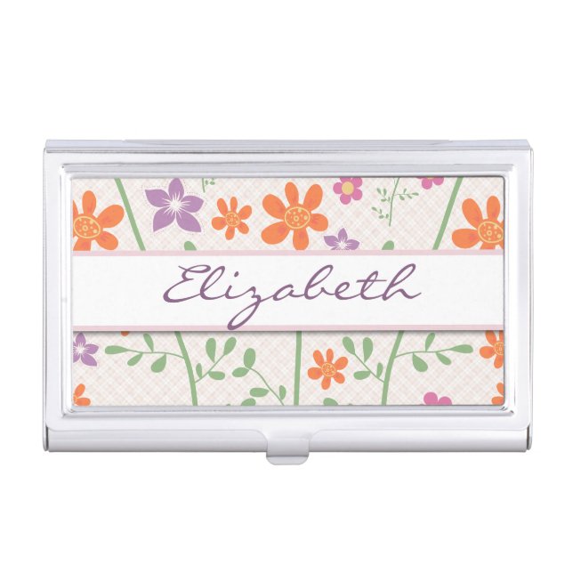 Chic Floral Pattern Design Monogram Business Card Case (Front)
