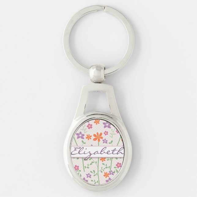 Chic Floral Pattern Design Monogram Keychain (Front)