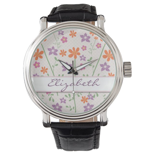 Chic Floral Pattern Design Monogram Watch (Front)