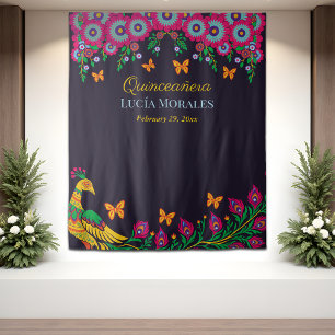 Chic Floral Peacock Folk Art Quinceanera Backdrop