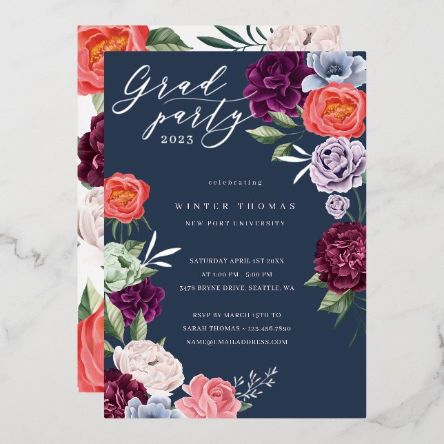 Chic Floral Peonies Rose Blossoms Graduation Party Foil Invitation (Front/Back)