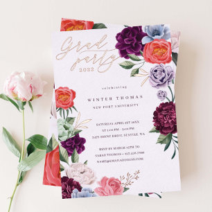 Chic Floral Peonies Rose Blossoms Graduation Party Foil Invitation