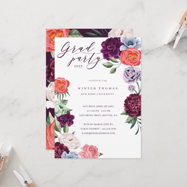 Chic Floral Peonies Rose Blossoms Graduation Party Invitation (Front/Back In Situ)