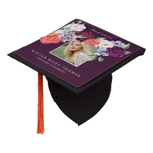 Chic Floral Peonies Rose Blossoms Graduation Photo Cap Topper (Angled)