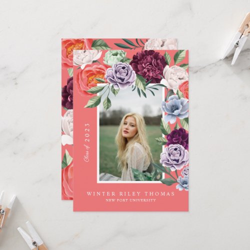 Chic Floral Peonies Rose Blossoms Graduation Photo Invitation