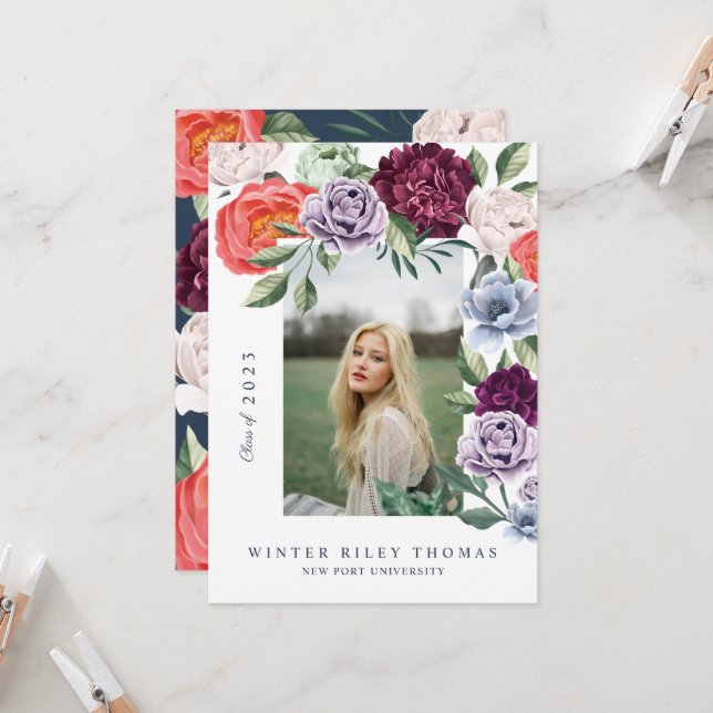 Chic Floral Peonies Rose Blossoms Graduation Photo Invitation (Front/Back In Situ)