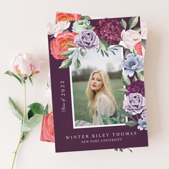 Chic Floral Peonies Rose Blossoms Graduation Photo Invitation (Creator Uploaded)