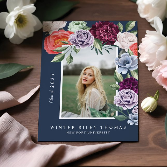 Chic Floral Peonies Rose Blossoms Graduation Photo Invitation (Chic Floral Peonies Rose Blossoms Graduation Photo Invitation)