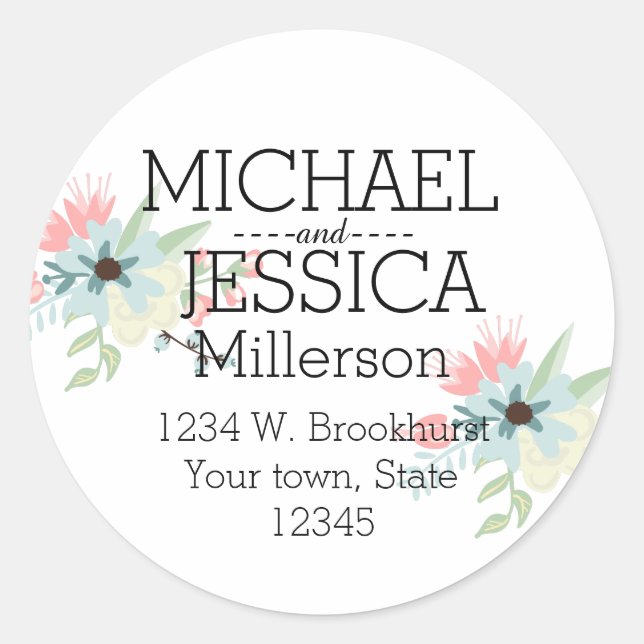 Chic Floral Personalized address Classic Round Sticker (Front)