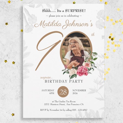 Chic Floral Photo Surprise 90th Birthday Party Invitation