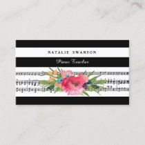 Chic Floral Piano Teacher Modern Musical Notes Business Card