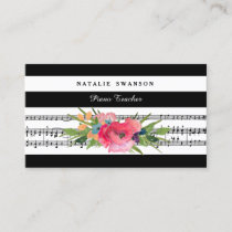 Chic Floral Piano Teacher Modern Musical Notes Business Card