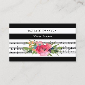 Chic Floral Piano Teacher Modern Musical Notes Business Card by GirlyBusinessCards at Zazzle
