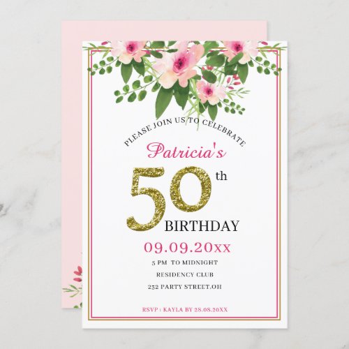 Chic Floral Pink And Gold  Glitter 50th Birthday Invitation