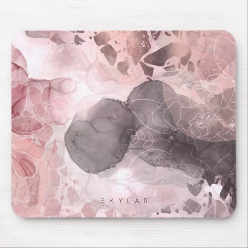 Chic Floral Pink  Grey Alcohol Ink Terrazzo Name Mouse Pad