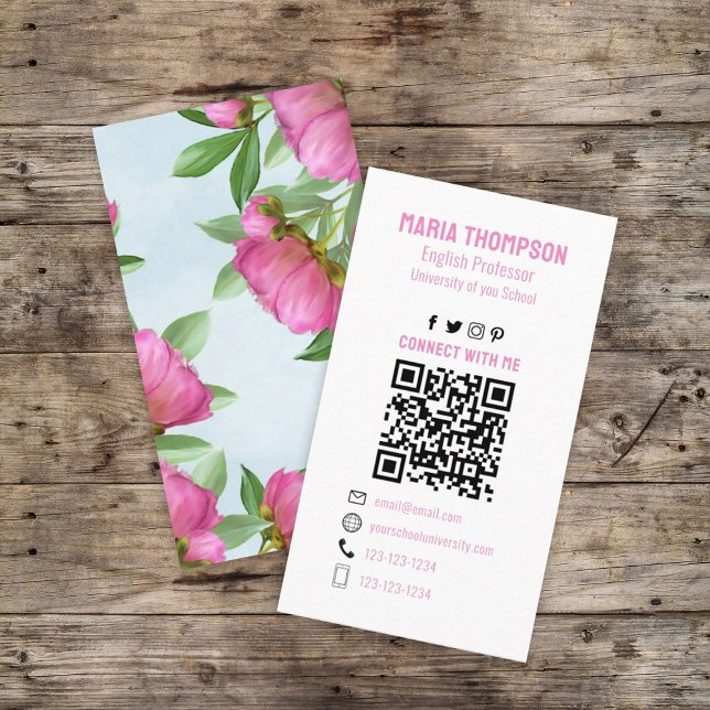 Chic Floral Pink Peony Professional QR Code Business Card (Creator Uploaded)
