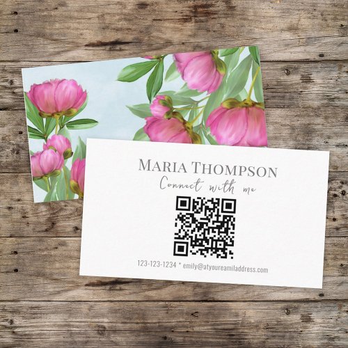 Chic Floral Pink Peony Professional QR Code  Business Card