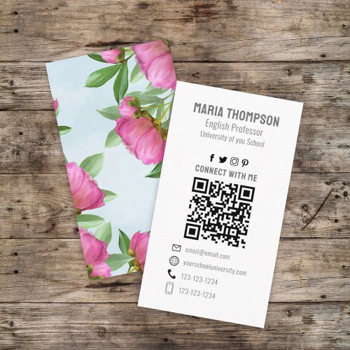 Chic Floral Pink Peony Professional QR Code Simple Business Card