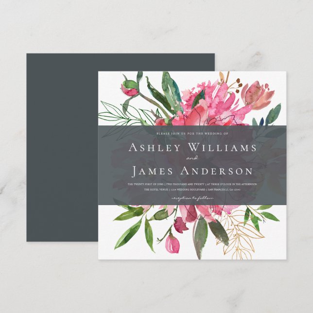Chic Floral Pink Peony Wedding Invitation (Front/Back)