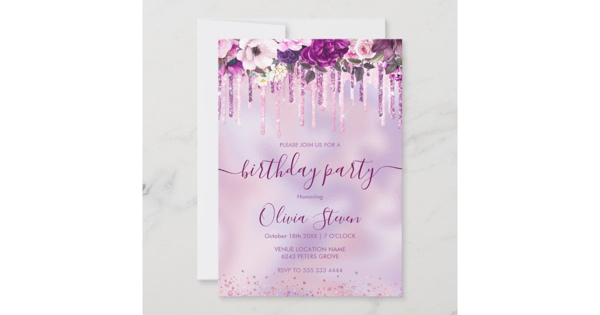 Chic floral pink purple dripping glitter any age invitation | Zazzle